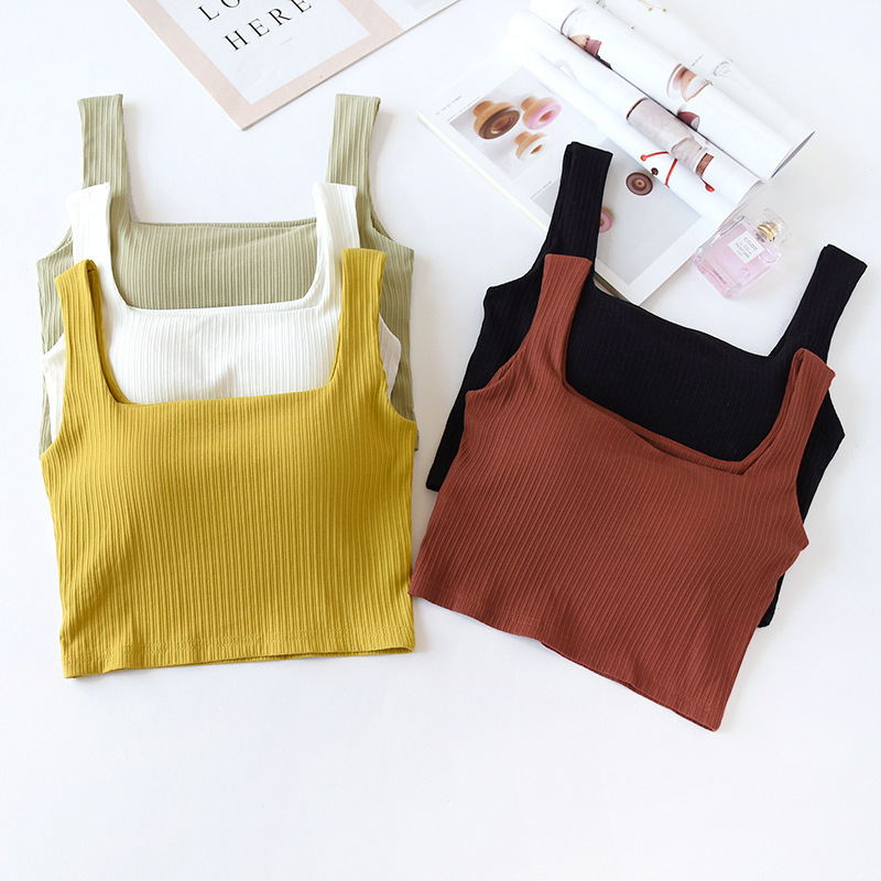 Navel Vest with Chest Pad Sling Bra Cup One-piece High Waist Square Collar Underwear Inner Wearing Short Top for Women