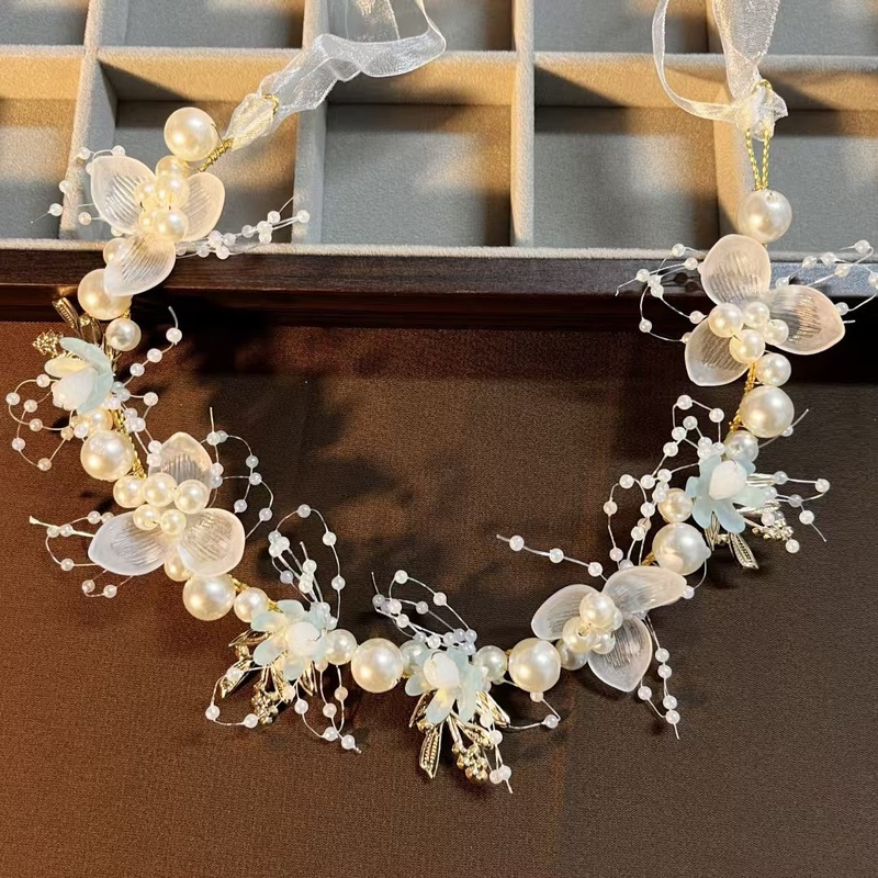 金色の葉のヘッドバンド、花のブレスレット、パールのヘアバンド、花嫁の新作クラウン、ヨーロピアンスタイルのウェディングドレス、子供用ヘッドドレス、ウェディングヘッドドレス|undefined