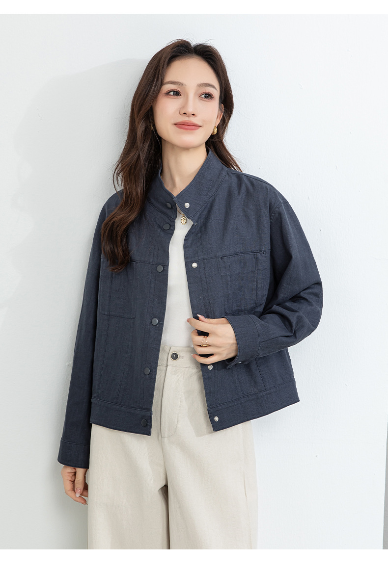 Áo khoác nữ dáng dài cổ đứng tay dài phong cách Hàn Quốc chất liệu ramie cotton thoáng mát — Xám xanh chi tiết 17