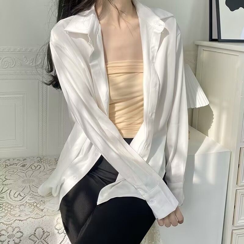 女性用サマーアイスシルクホワイトシャツ、防シワ、軽い高級感、長袖日焼け止めシャツ、UVカットシャツ|undefined