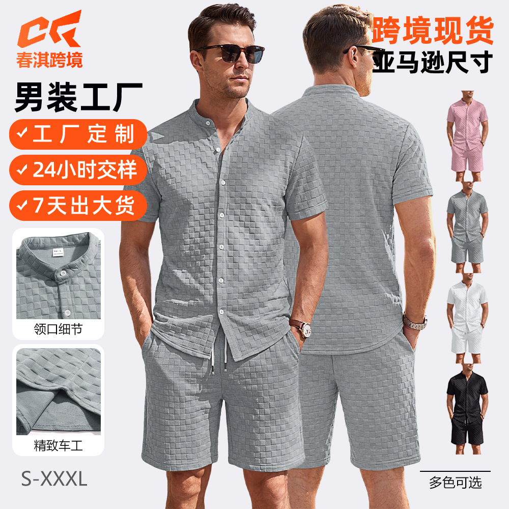 Nuevo transfronterizo Europa y América Amazon verano hombre nuevo Waffle camisa de solapa casual manga corta pantalones cortos