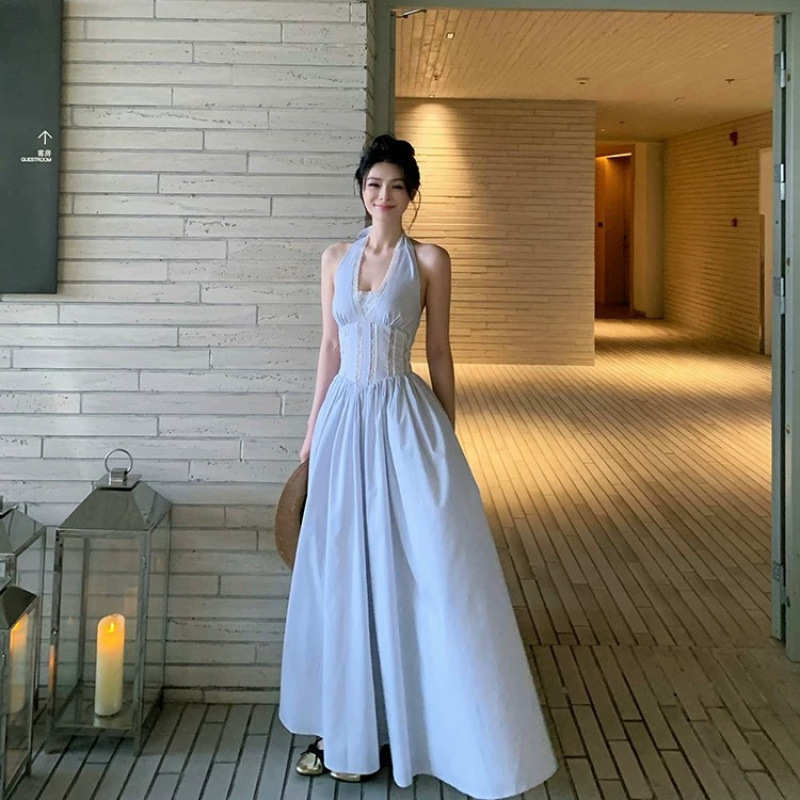 【店頭売れ筋】美神降臨ホルターネックロングスカートトップス新作スリム中空ステッチレースストライプホルターネック|undefined