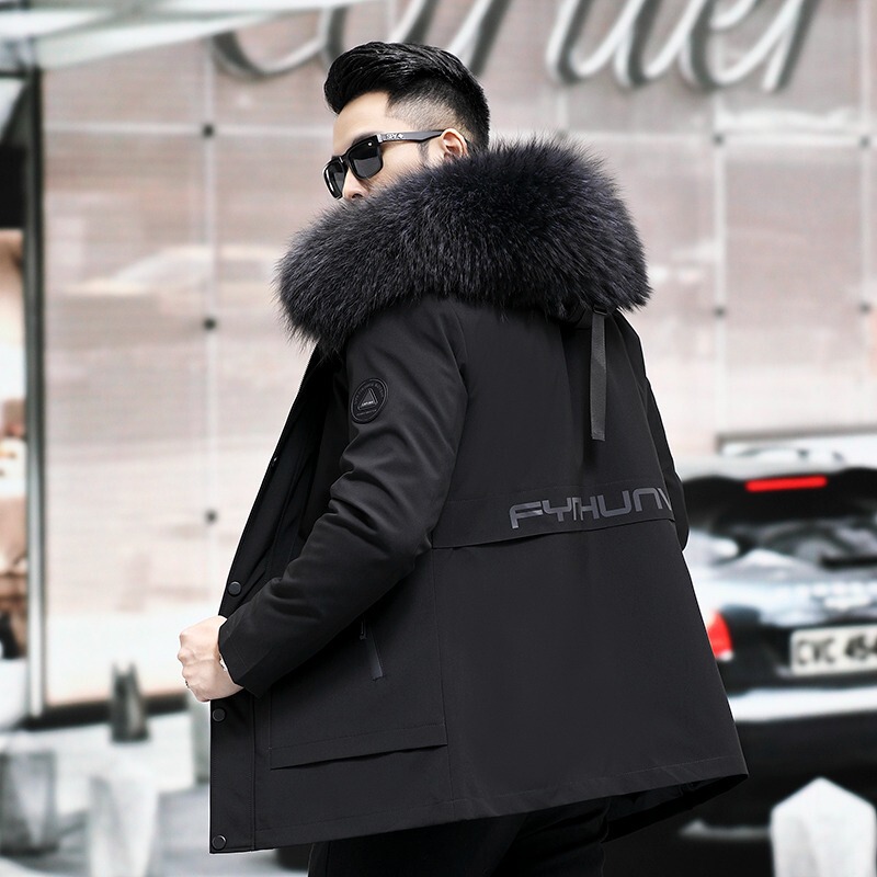 Parka men's leather fur coat mid-length detachable liner fox fur collar cold-proof coat