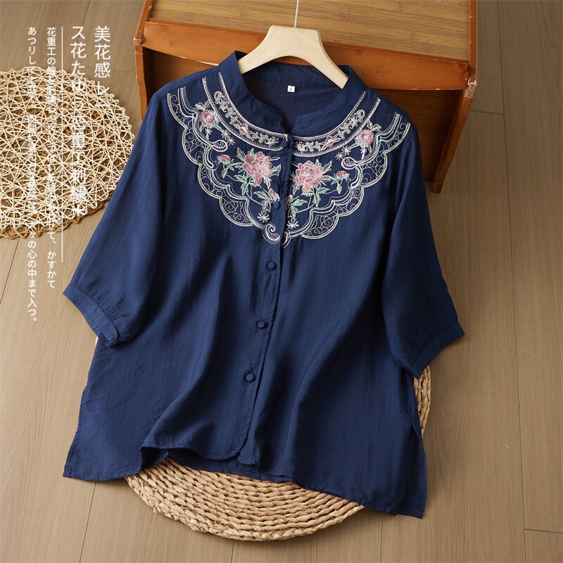 New Chinese-Style Retro Embroidered Cotton Shirt for Women, Summer New Model, Artistic Half-Sleeve, Thin and Breathable Blouse
