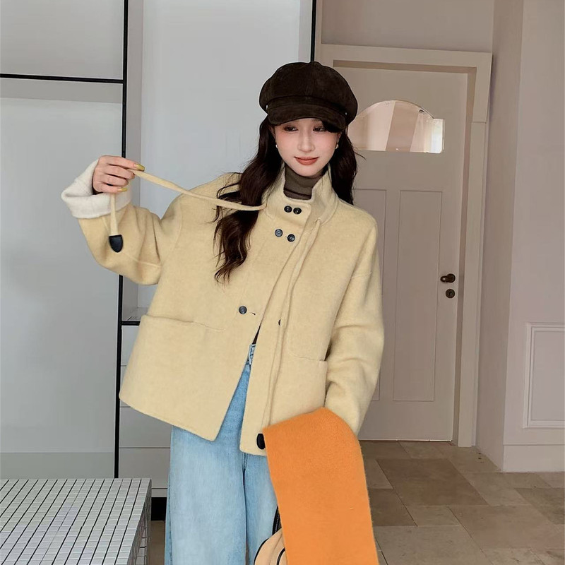 双面羊毛大衣女短款韩版宽松立领甜美减龄小个子显瘦羊绒呢子|undefined