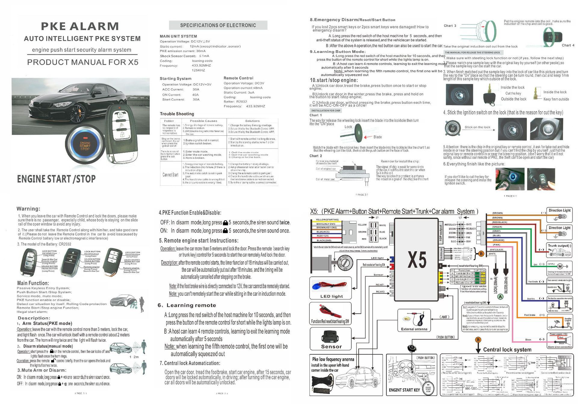 X5 Car Pke Anti-Theft Alarm Intelligent One-Button Start Remote Control Start 6-Wire Central Control App Control Direct Sales