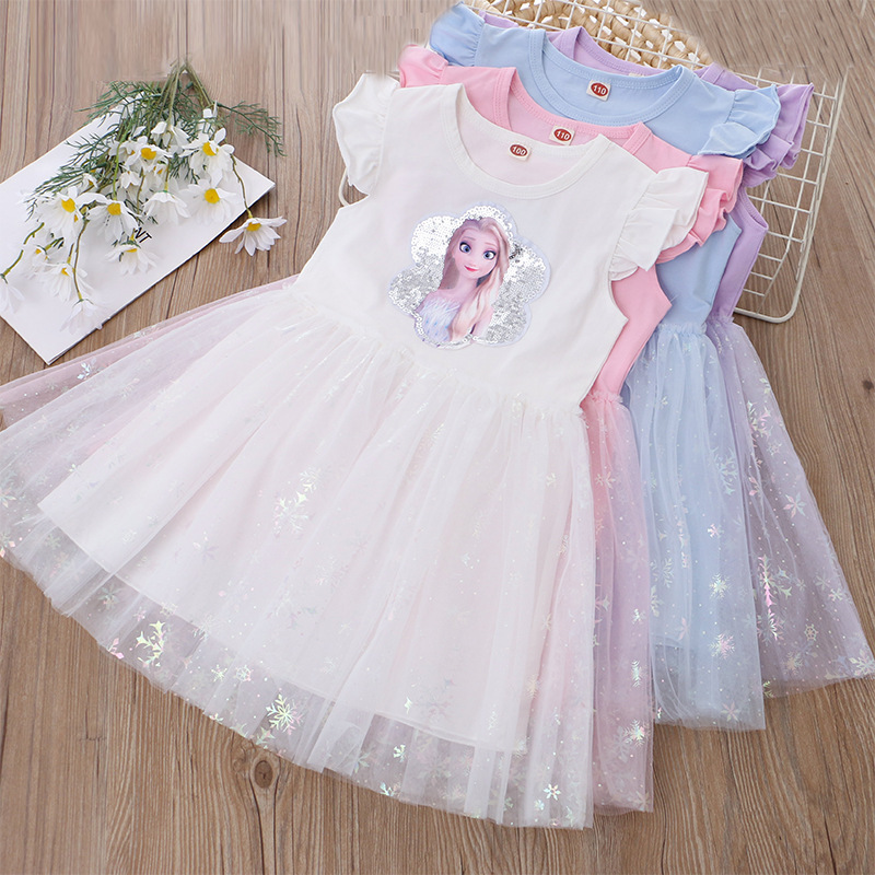 2025 New Summer Children's Clothing Girls Dress Fashionable Flying Sleeves Sequined Elsa Princess Dress Gauze Skirt Frozen Trend