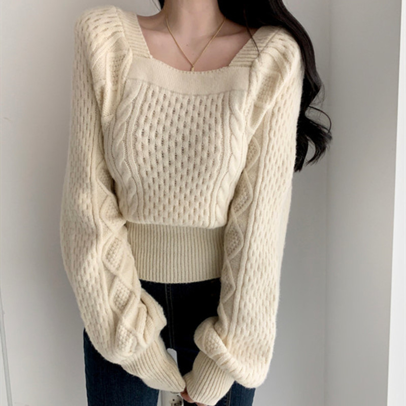 Lazy bishop sleeve French square neck Twist sweater Waist Show thin Easy Long sleeve knitting Base coat Socket