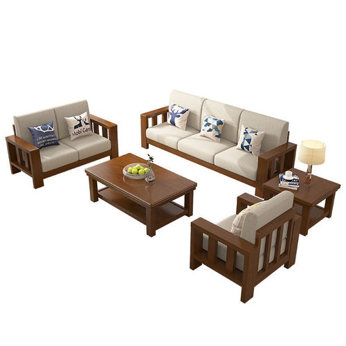 Chinese-style solid wood modern minimalist sofa set for rental apartments, small-sized living room sofa, queen-size corner fabric sofa