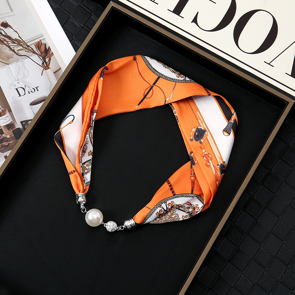 Pañuelo de seda con hebilla magnética de diamantes con incrustaciones de perlas collar mujer retro todo fósforo moda bufanda fina hebilla autocebante babero al por mayor