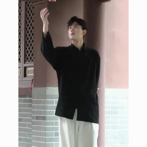 New Chinese-style men's wear China style upright collar and button shirt men's autumn thin style improved Hanfu shirt young people's Tang suit