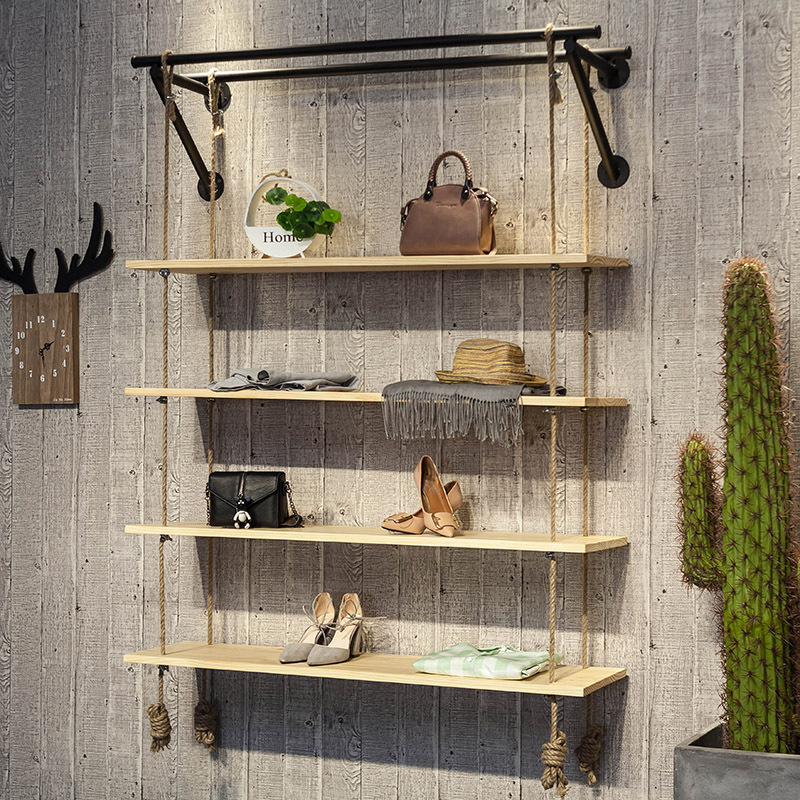 简约服装店鞋店鞋架展示架上墙多层包包置物架鞋货架麻绳架子创意