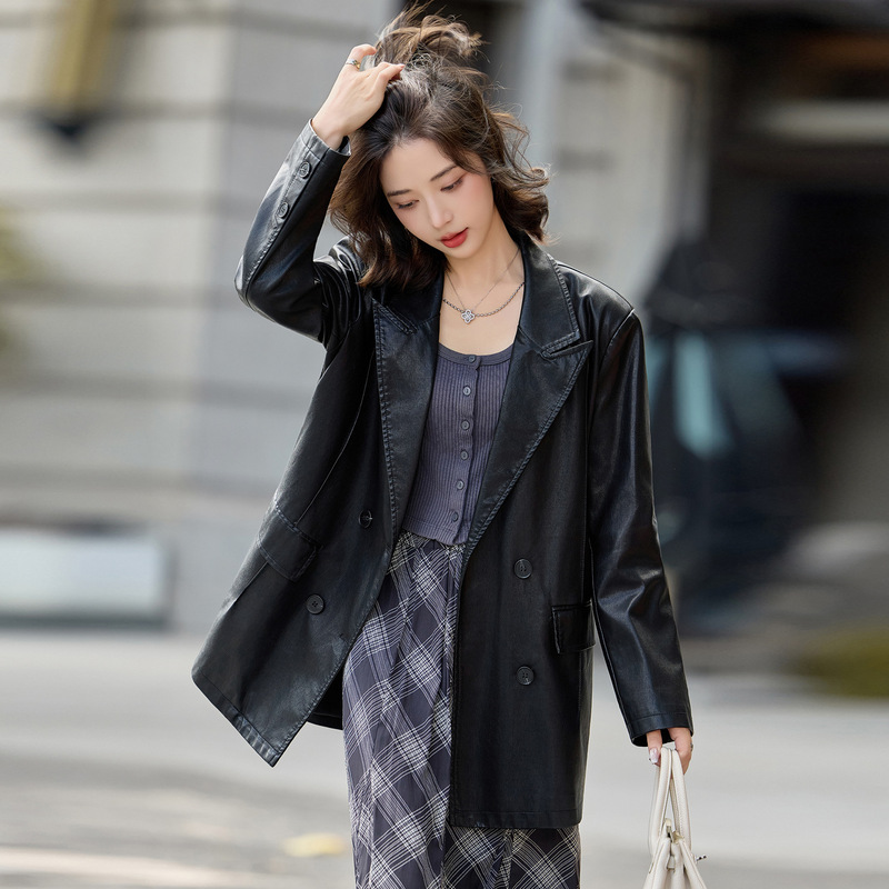 高级感绵羊皮皮衣女2025新款时尚休闲西装领女士双排扣中长款外套|undefined