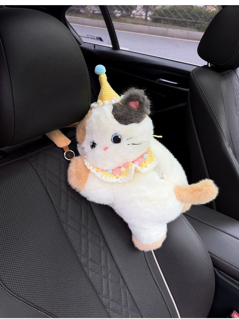 New cat-themed car tissue box, cute cartoon car seat back hanging tissue box, creative plush toy hanging bag