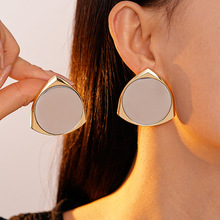 欧美金属感三角形圆镜银针耳钉真金电镀简约几何气质高级感耳环女