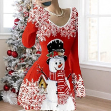 2025欧美亚马逊跨境秋V领弹力坑条冬女装喇叭袖圣诞节印花连衣裙