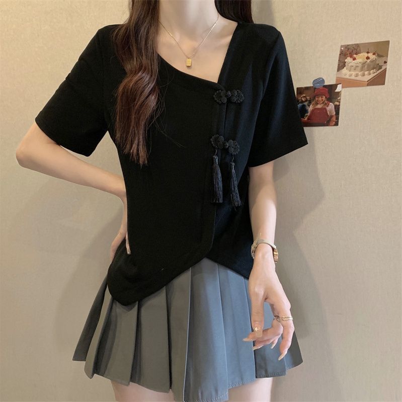 Gran tamaño de grasa mm ropa de mujer china botón camiseta de manga corta mujer irregular verano suelto delgado hombro corto blusa