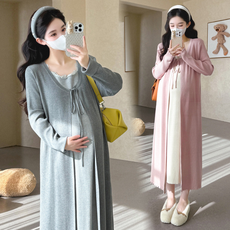 孕妇装2025秋冬季新甜美假两件蕾丝拼接针织设计感撞色系带连衣裙|undefined