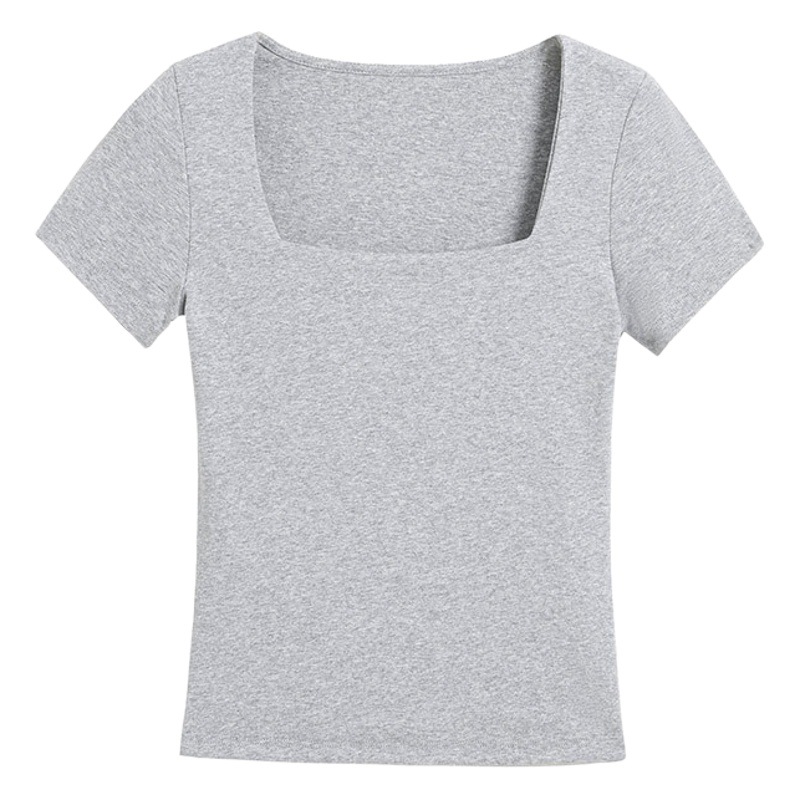 Cuello cuadrado francés, hombros rectos, gris fino, manga corta, verano puro, dulce y picante, camisa de fondo, camiseta fina, blusa interior