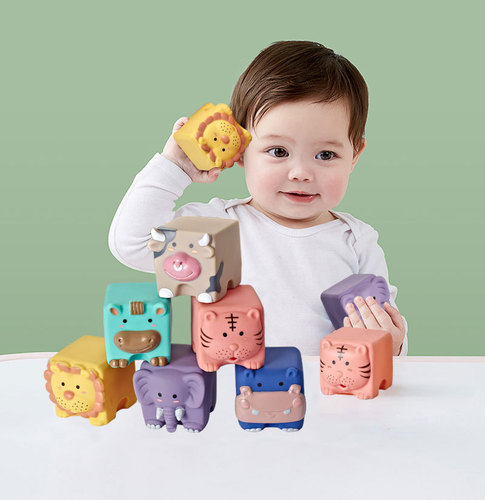 Cross-border infant and toddler educational assembly toys cognitive soft rubber embossed animal building blocks early education pinch and cry bath toys