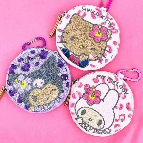 Japanese-style cartoon Kitty plush embroidered coin purse, leopard print My Melody Kuromi round earphone storage bag