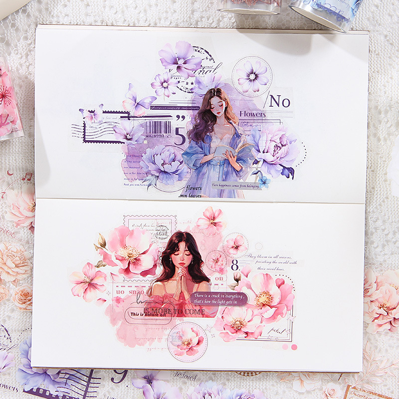 Flores de polvo de aceite especial impermeable pet cinta adhesiva caja diy diario paisajismo pegatinas floral romántica pegatinas de libro de mano