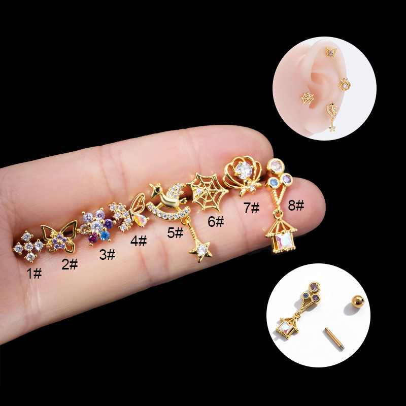 Oreillettes en Zircon papillon coloré, 2 pièces, tige épaisse en acier inoxydable, vis à Double tête, boule de perforation du Cartilage_voghion.com