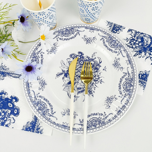 Chinese-style blue and white porcelain paper plate disposable paper plate paper dish retro party wedding floral edge dish