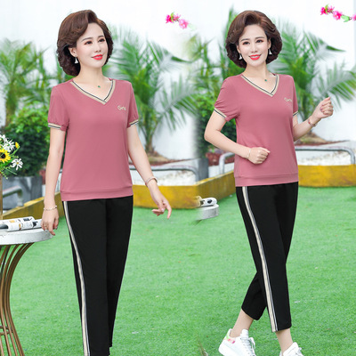 中老年女运动套装2021新款夏季短袖妈妈装休闲减龄运动服两件套|ms
