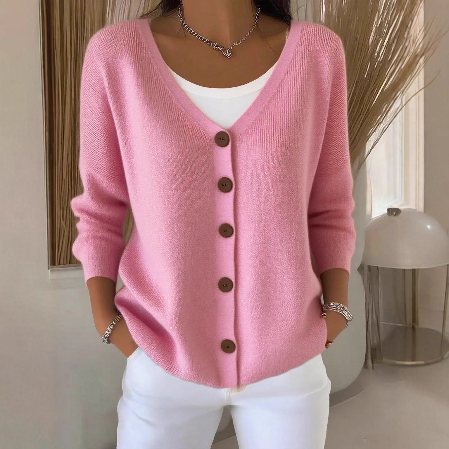 2025 New Women's Solid Color Knitted Button Sweater Cardigan Loose Casual European and American Cross-Border Amazon Independent Station