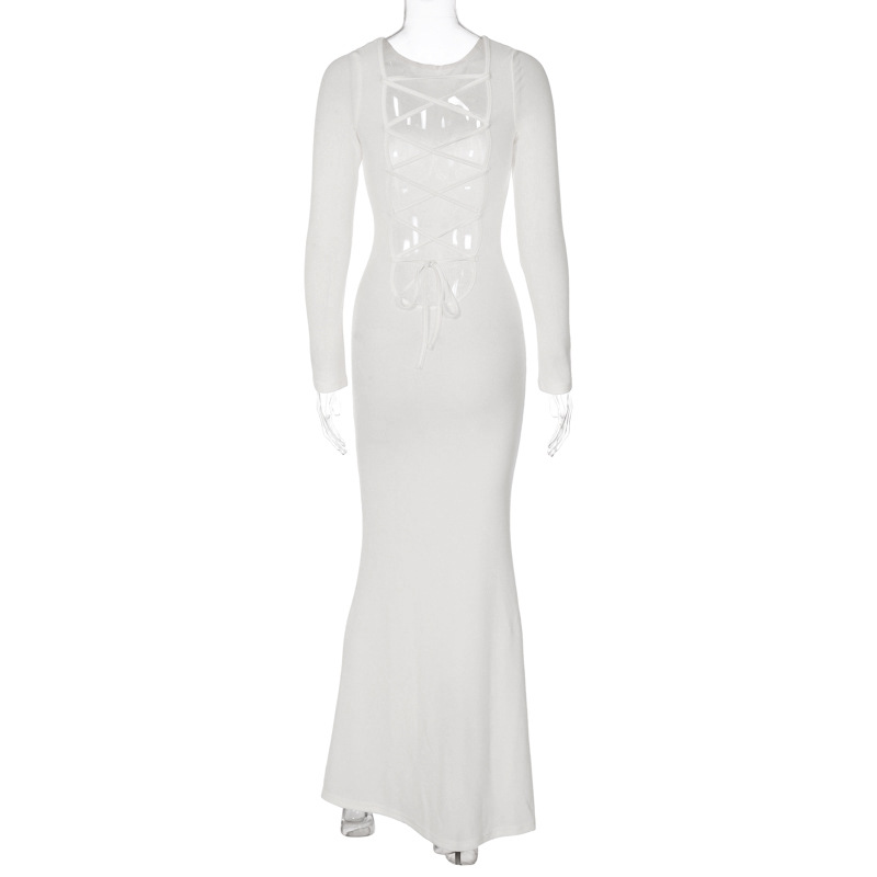 Women Collection for Autumn Lace Sexy Backless Long Sleeves Solid Color Slim Dress