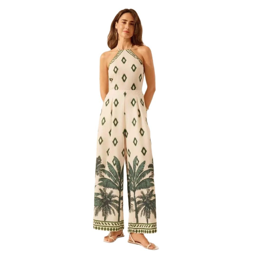 Sexy Printed Sleeveless Halter Neck Wide Leg Jumpsuit European American Style for Women Cross Border Independent Website_ecoleips.com