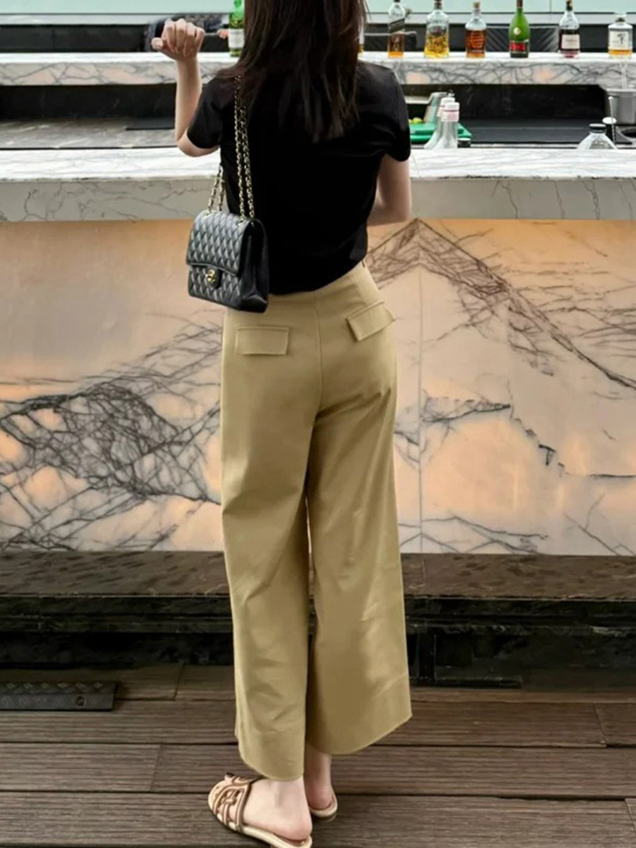 Quần tây nữ ống rộng cạp cao dáng suông kaki chín tấc mùa hè — Màu kaki