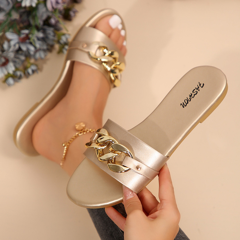 Cross-Border Dropshipping Women's Shoes, Ladies' Fashion Slippers, Solid Color with Metal Decoration, Square Toe, Flat Sole, Simple and Comfortable, Solid Color, Minimalist