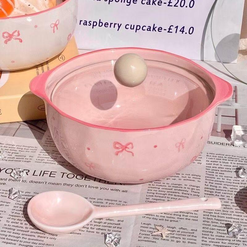高颜值少女心蝴蝶结陶瓷泡面碗带盖学生宿舍方便面碗螺蛳粉碗勺筷