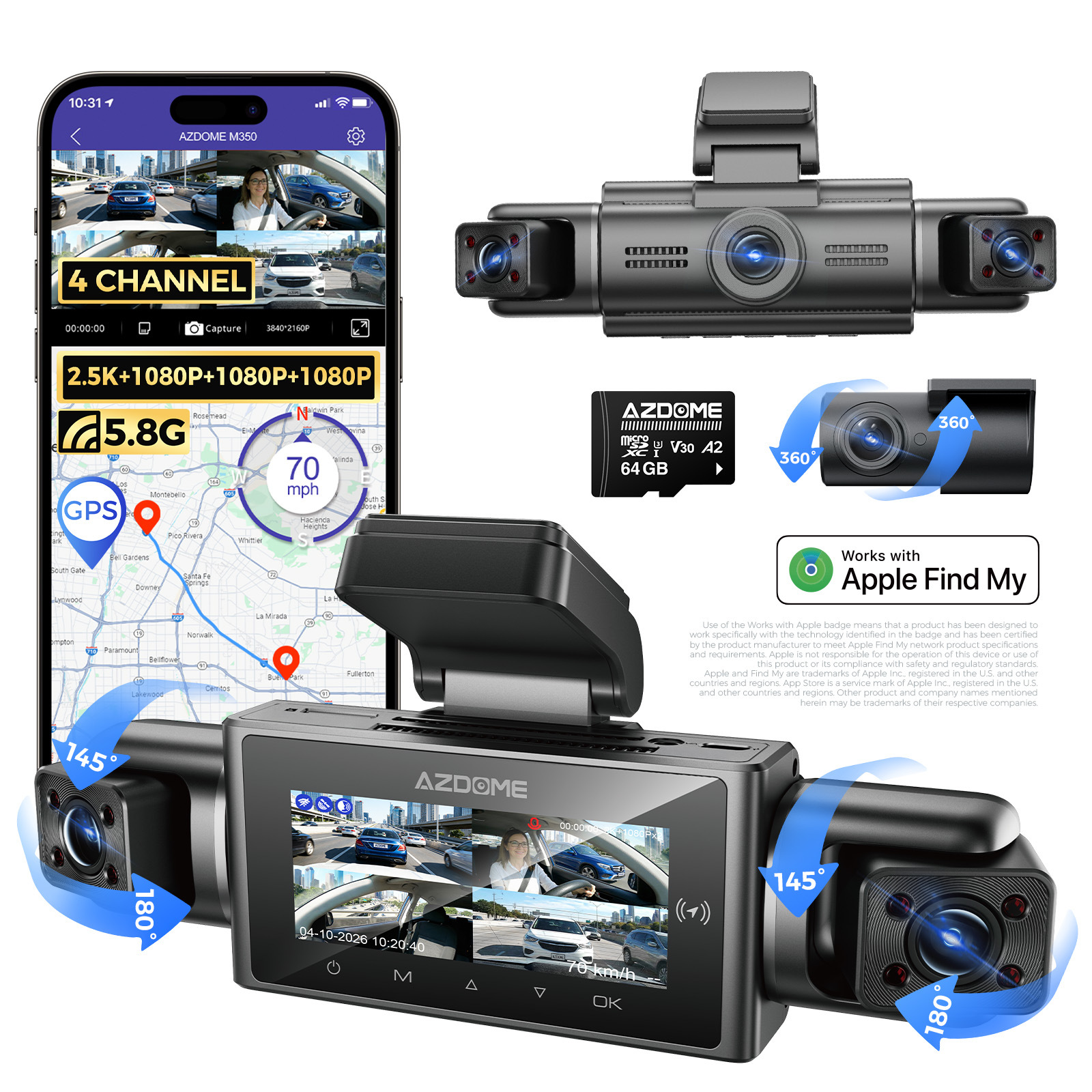 Azdome Driving Recorder M350 Four-Lens 4K High-Definition Hdr Wide-Angle Night Vision Positioning Vehicle Inspection Voice Control