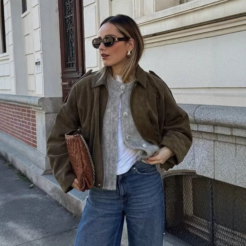 European and American Cross-Border Women's Clothing 2025 Spring & Fall New Fashion Suede Texture Effect Bomber Jacket Tops