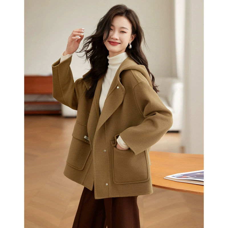 Повседневное пуховое шерстяное пальто с капюшоном 2024 зимний новый двойной карман шерстяное пальто женский теплый дикий топ