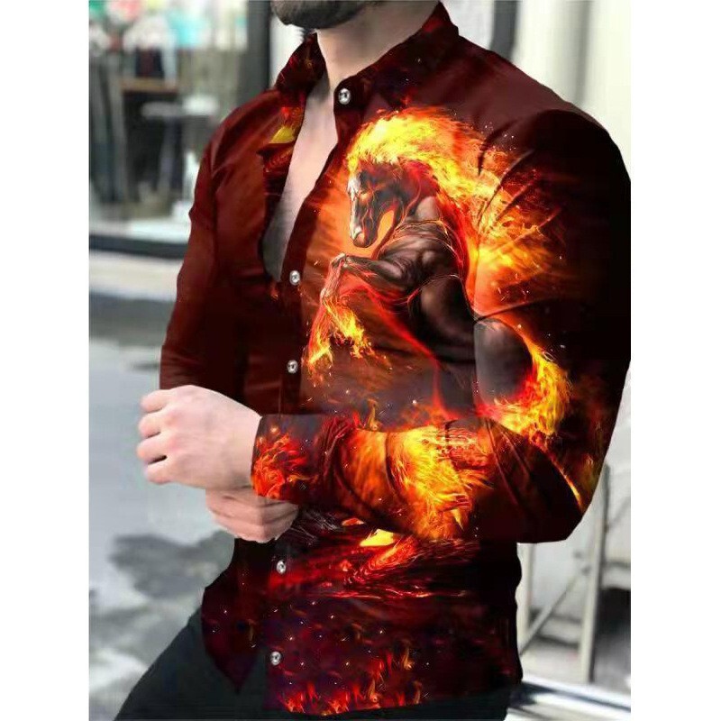 Cross-Border Men's Burgundy Long-Sleeved Shirt with Flame War Horse 3D Digital Print Personalized Lapel Casual Shirt Wholesale Cross-Border Men's Burgundy Long-Sleeved Shirt with Flame War Horse 3D Digital Print Personalized Lapel Casual Shirt Wholesale