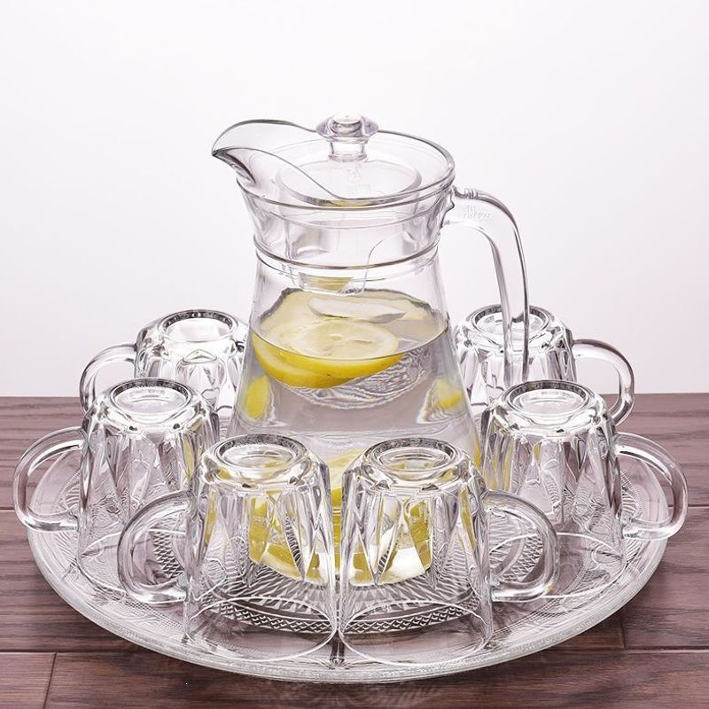 Glass cup set for home use, 6 pieces, living room tea cups, thickened heat-resistant cups, juice cups, cold water pitcher with tray