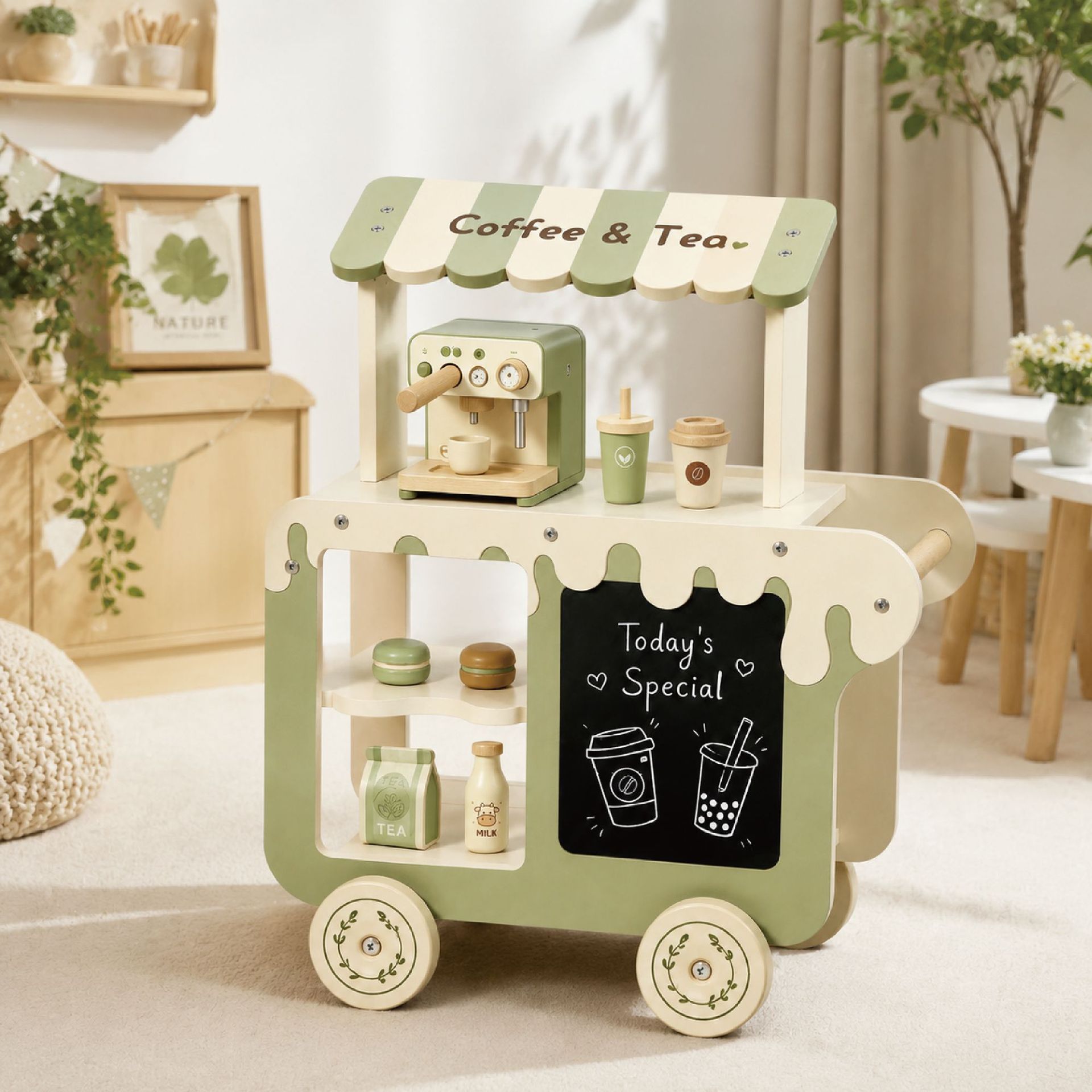 Dreamy Coffee Cart Children's Wooden Role-Play Toy, Innocent and Educational Simulation Coffee and Tea Cart Toy