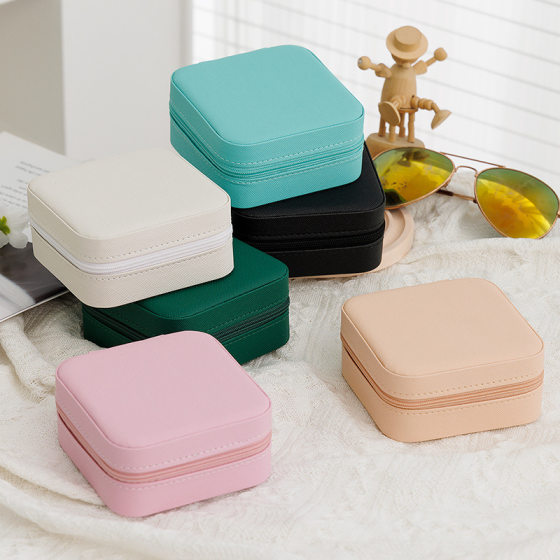 [Saffiano] zipper simple portable jewelry box Korean ring earrings storage box flip easy to carry small ornaments