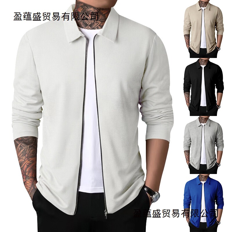 Cross-Border 2023 Jacket Cardigan Men's Autumn New Zipper Jacket Casual Men's Long Sleeve Lapel Waffle Jacket