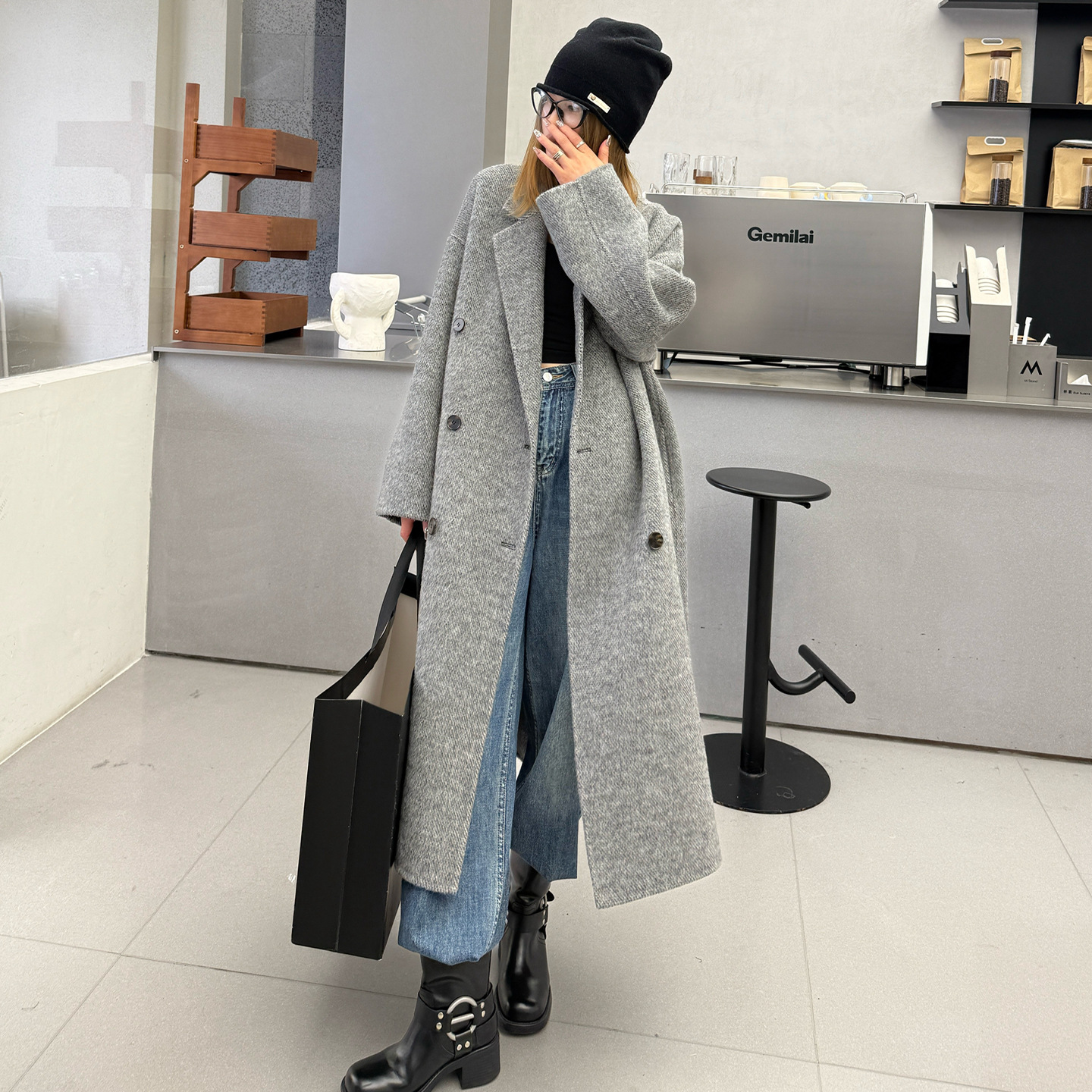 灰色双面羊绒呢子大衣女2025冬季新款韩系宽松加长款羊毛呢外套潮