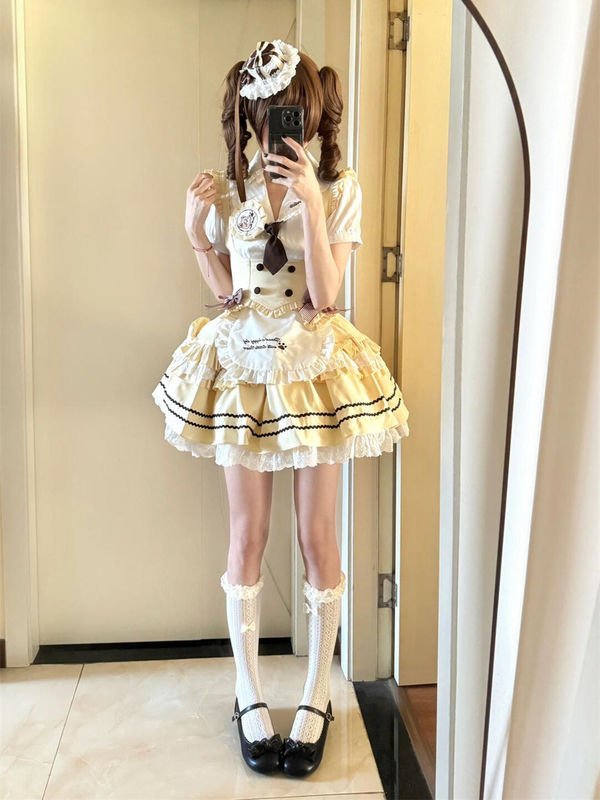 日本の甘いロリータロリータ半袖ドレス夏の新しい年齢を減らす痩身ふわふわケーキスカート女性用|undefined