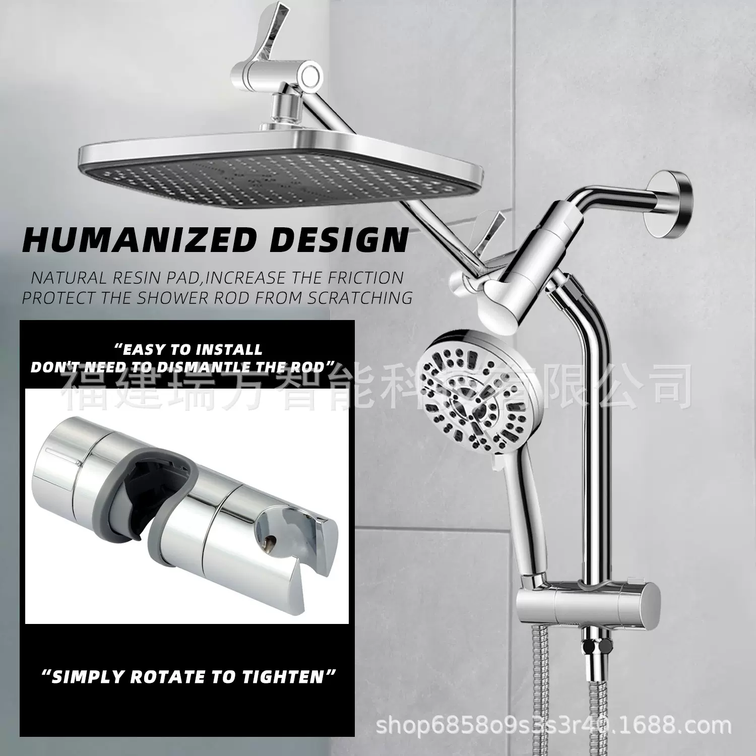 跨境12英寸方形顶喷10功能手持花洒套装 360°调节延长臂滑套组合