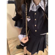 藏学院风套装女秋冬季撞色假两件设计感小众上衣高腰半身裙子