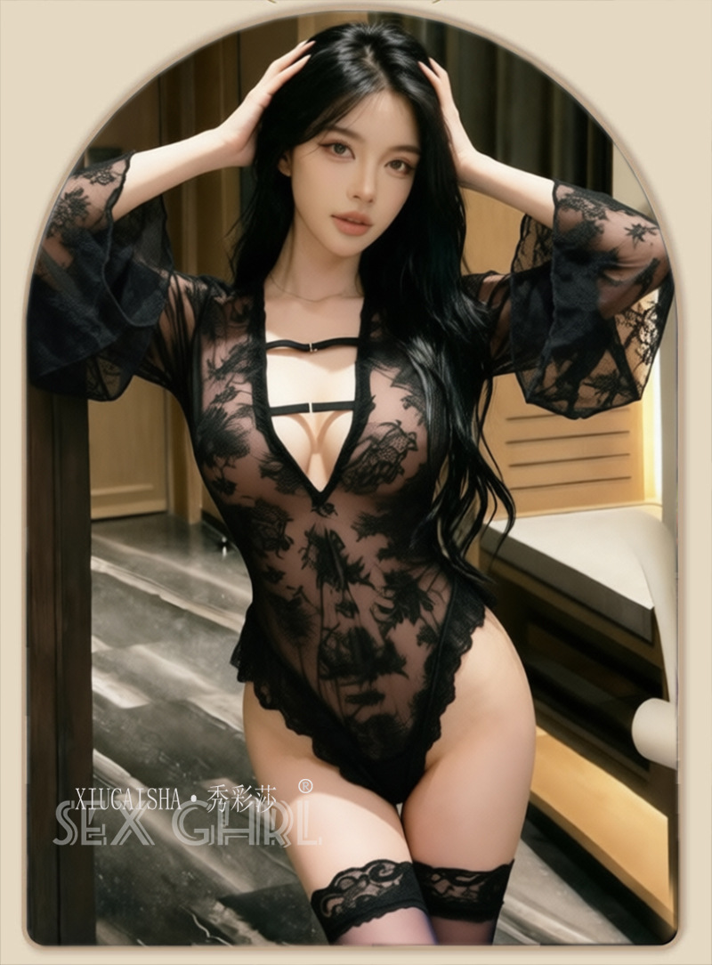 Lace Bell-Sleeve Jumpsuit Nightgown with Sheer Mesh and Purple Stockings — detail image 17