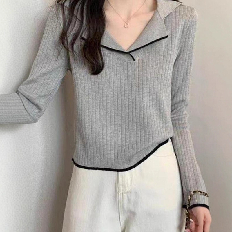 专柜撤回～剪标专柜新款V领长袖毛衣女翻领修身内搭打底针织衫