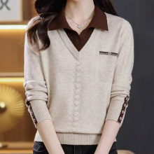 秋冬2025新款假两件毛衣衬衫领时尚优雅百搭套头拼接上衣针织衫女